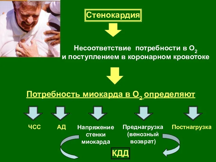 Потребность миокарда в О2 определяют Стенокардия Несоответствие потребности в О2