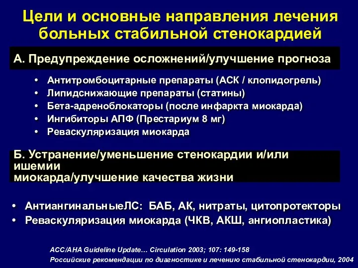 Цели и основные направления лечения больных стабильной стенокардией А. Предупреждение