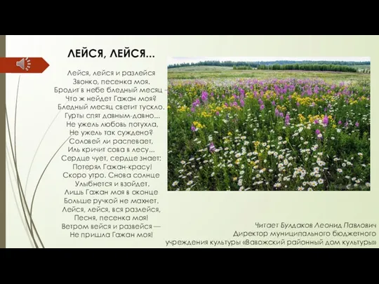 ЛЕЙСЯ, ЛЕЙСЯ... Лейся, лейся и разлейся Звонко, песенка моя. Бродит в небе бледный