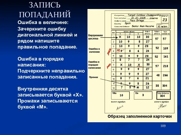 ЗАПИСЬ ПОПАДАНИЙ Ошибка в величине: Зачеркните ошибку диагональной линией и