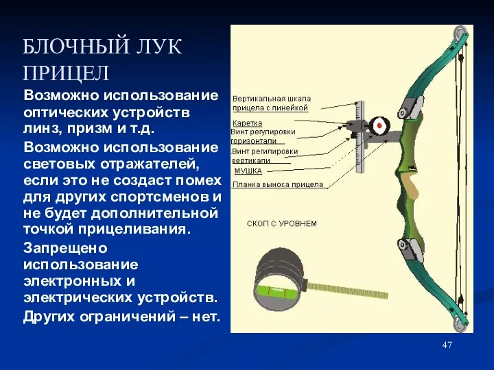 БЛОЧНЫЙ ЛУК ПРИЦЕЛ Возможно использование оптических устройств линз, призм и