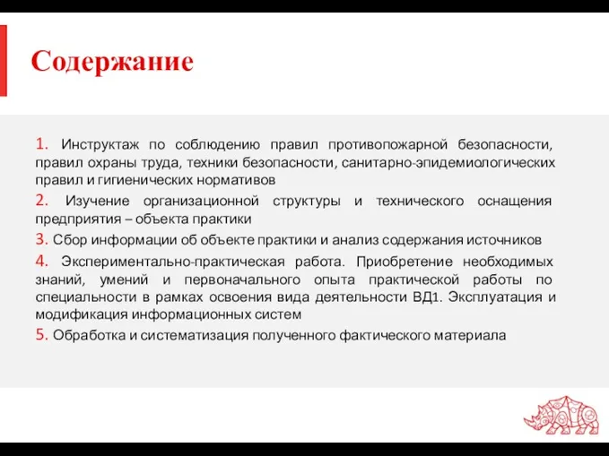 Содержание 1. Инструктаж по соблюдению правил противопожарной безопасности, правил охраны