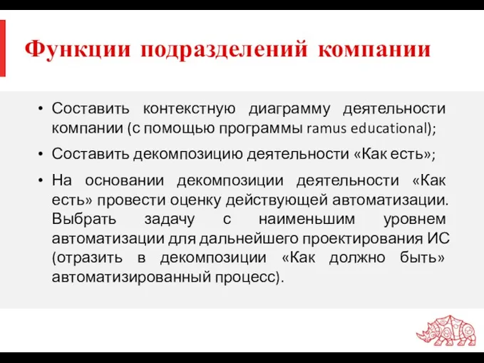 Функции подразделений компании Составить контекстную диаграмму деятельности компании (с помощью