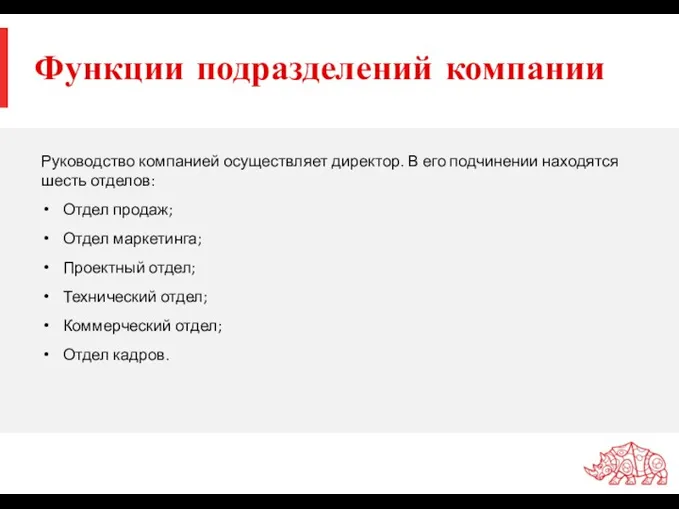 Функции подразделений компании Руководство компанией осуществляет директор. В его подчинении