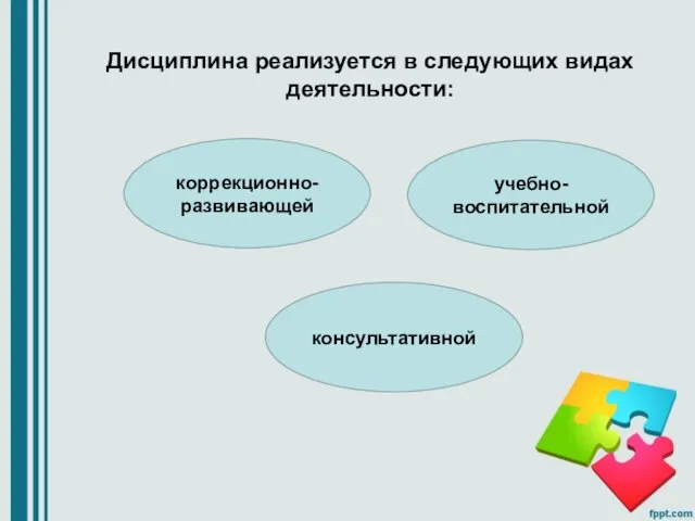 Дисциплина реализуется в следующих видах деятельности: коррекционно-развивающей учебно-воспитательной консультативной