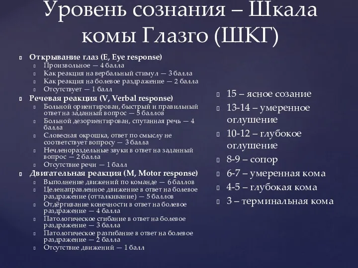 Уровень сознания – Шкала комы Глазго (ШКГ) Открывание глаз (E,