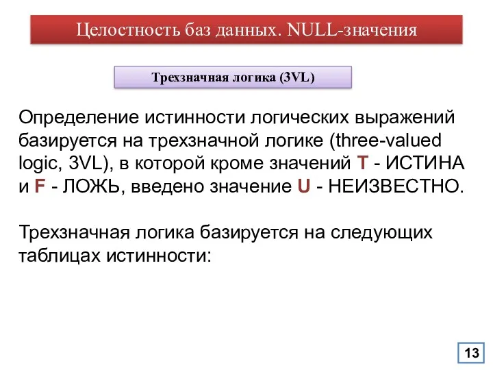 Целостность баз данных. NULL-значения Трехзначная логика (3VL) Определение истинности логических