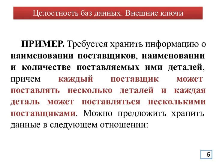 Целостность баз данных. Внешние ключи ПРИМЕР. Требуется хранить информацию о