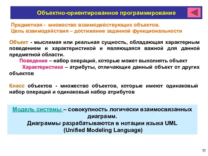 Объектно-ориентированное программирование Предметная - множество взаимодействующих объектов. Цель взаимодействия – достижение заданной функциональности