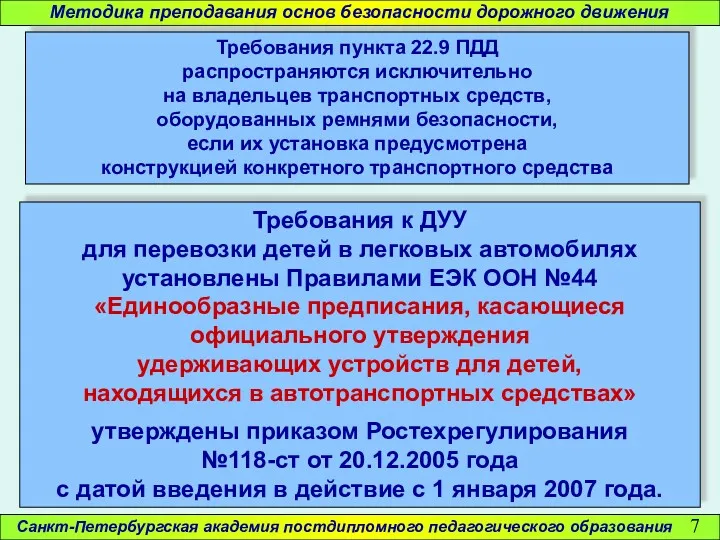 Санкт-Петербургская академия постдипломного педагогического образования Методика преподавания основ безопасности дорожного