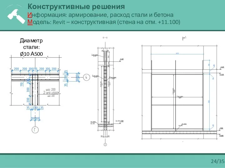 24/35 Конструктивные решения Информация: армирование, расход стали и бетона Модель: Revit – конструктивная