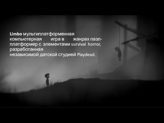 Limbo мультиплатформенная компьютерная игра в жанрах пазл-платформер с элементами survival horror, разработанная независимой датской студией Playdead.