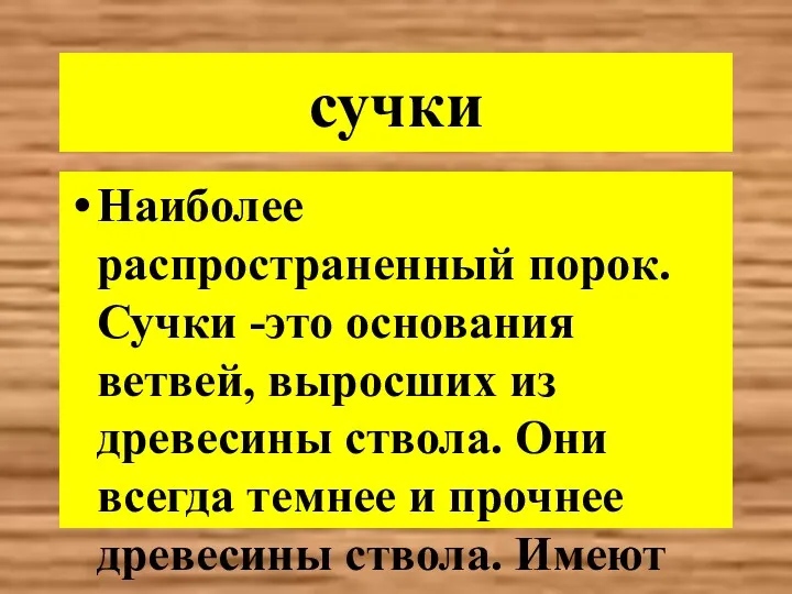 сучки Наиболее распространенный порок. Сучки -это основания ветвей, выросших из