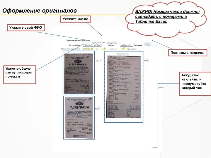 Оформление оригиналов Укажите свой ФИО Укажите общую сумму расходов по чекам Аккуратно наклейте,