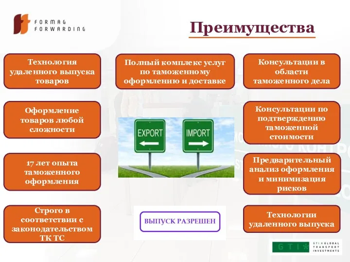 Преимущества Полный комплекс услуг по таможенному оформлению и доставке Оформление