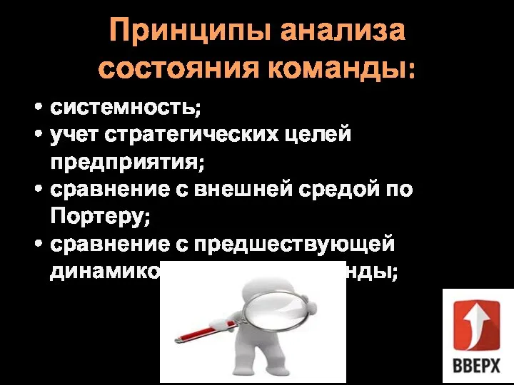 Принципы анализа состояния команды: системность; учет стратегических целей предприятия; сравнение