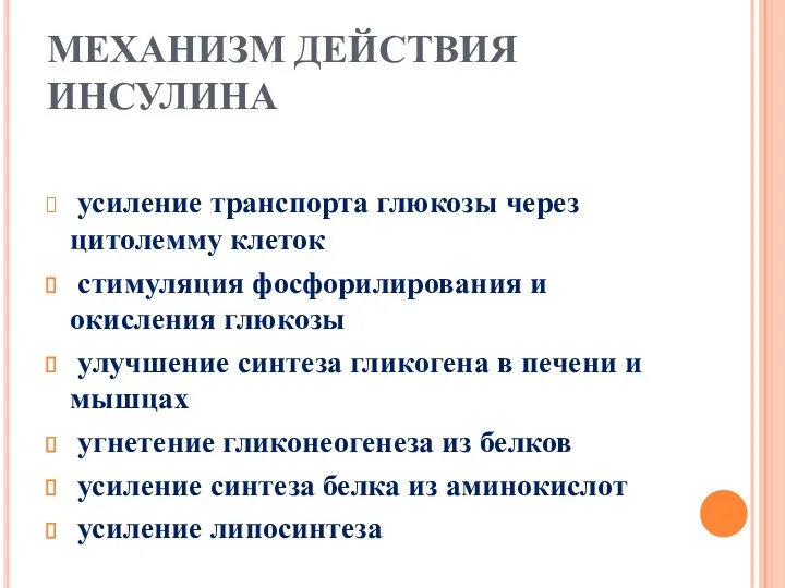 МЕХАНИЗМ ДЕЙСТВИЯ ИНСУЛИНА усиление транспорта глюкозы через цитолемму клеток стимуляция