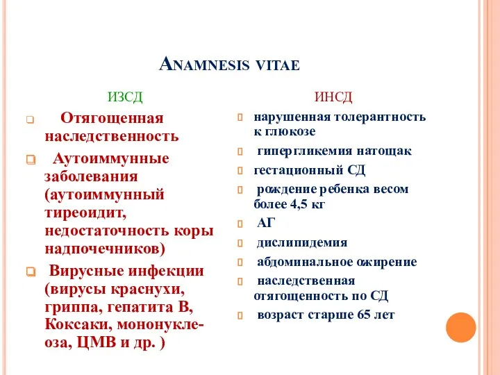 Anamnesis vitae ИЗСД Отягощенная наследственность Аутоиммунные заболевания (аутоиммунный тиреоидит, недостаточность