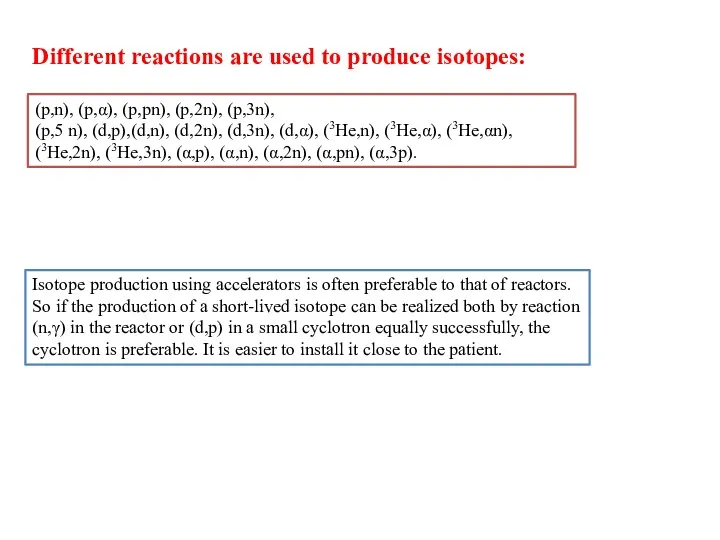 Different reactions are used to produce isotopes: (p,n), (p,α), (p,pn),