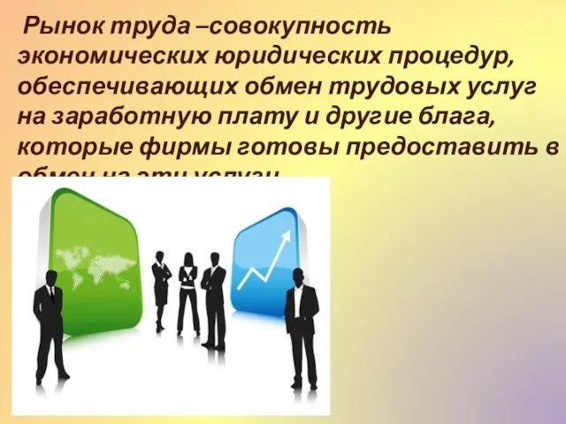 Рынок труда –совокупность экономических юридических процедур, обеспечивающих обмен трудовых услуг