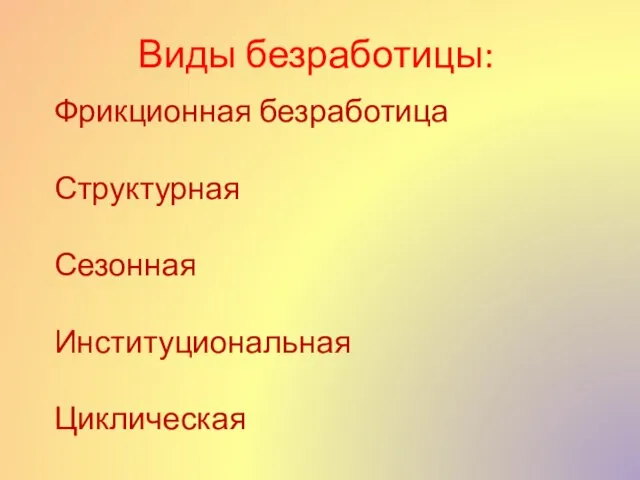 Виды безработицы: Фрикционная безработица Структурная Сезонная Институциональная Циклическая