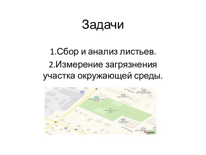 Задачи 1.Сбор и анализ листьев. 2.Измерение загрязнения участка окружающей среды.