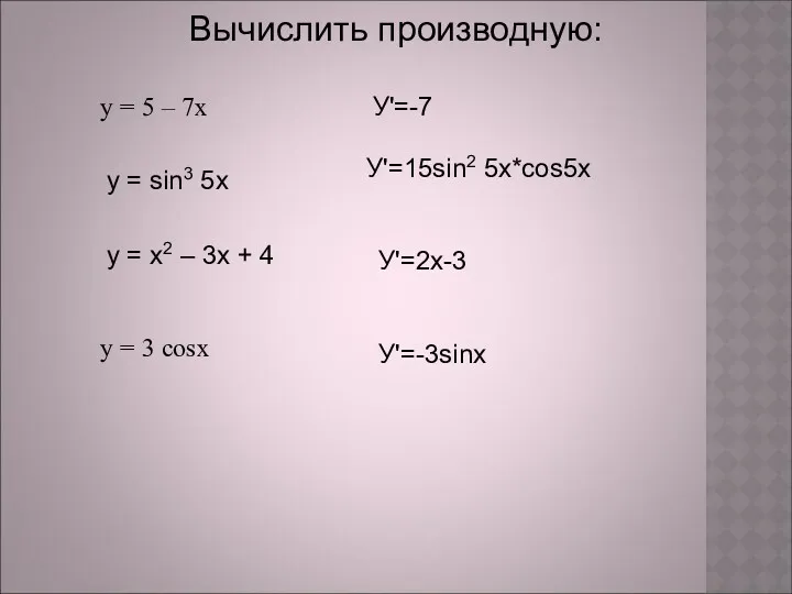 Вычислить производную: у = 5 – 7х у = sin3