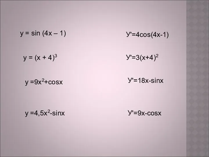 у = sin (4х – 1) У'=4cos(4x-1) у = (х