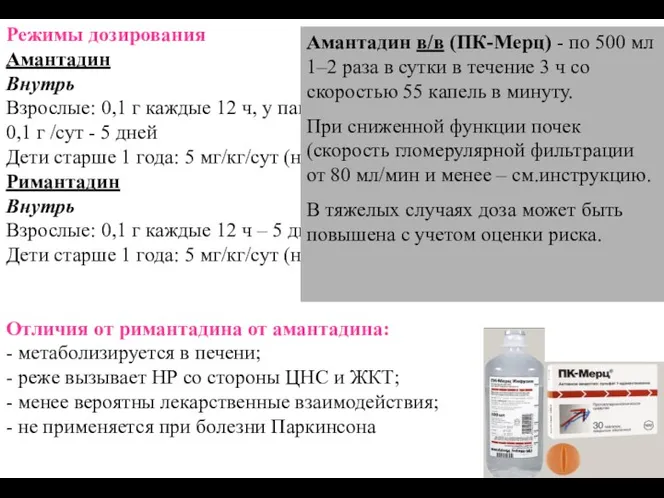 Режимы дозирования Амантадин Внутрь Взрослые: 0,1 г каждые 12 ч,