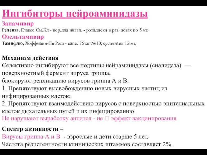 Ингибиторы нейроаминидазы Занамивир Реленза, Глаксо См.Кл - пор.для ингал. -