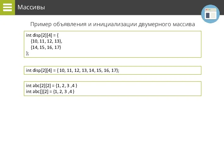 Массивы Пример объявления и инициализации двумерного массива int disp[2][4] =