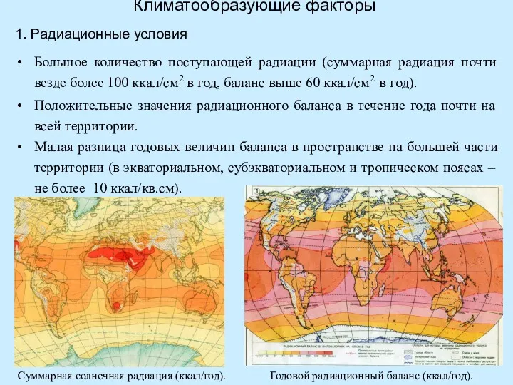 Климатообразующие факторы 1. Радиационные условия Большое количество поступающей радиации (суммарная