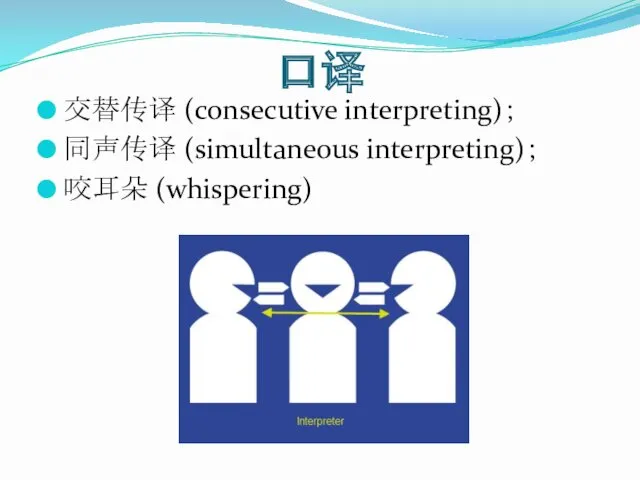 口译 交替传译 (consecutive interpreting)； 同声传译 (simultaneous interpreting)； 咬耳朵 (whispering)