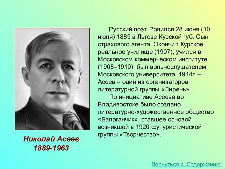 Русский поэт. Родился 28 июня (10 июля) 1889 в Льгове