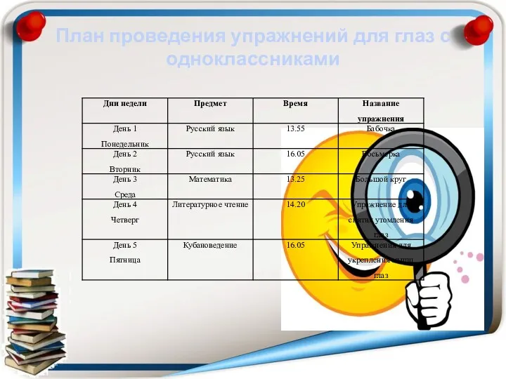 План проведения упражнений для глаз с одноклассниками