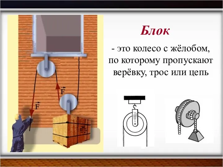 Блок - это колесо с жёлобом, по которому пропускают верёвку, трос или цепь