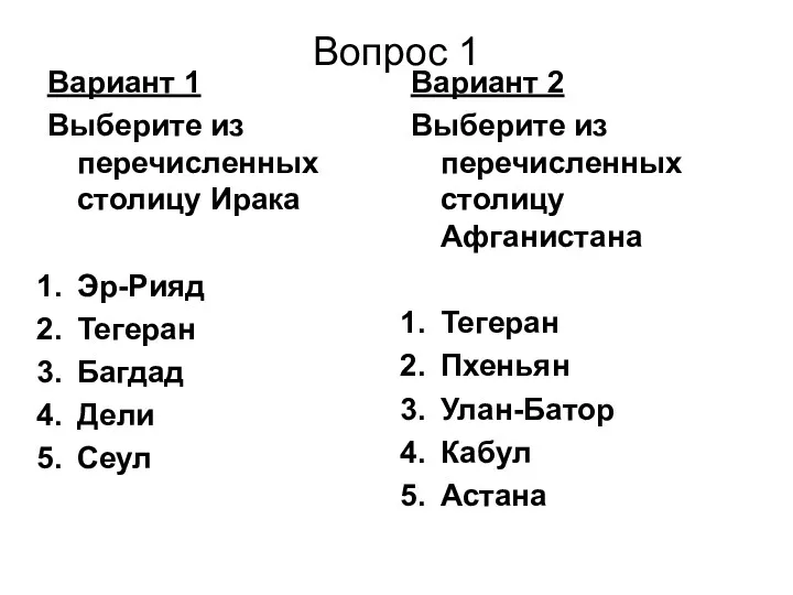 Вопрос 1 Вариант 1 Выберите из перечисленных столицу Ирака Эр-Рияд