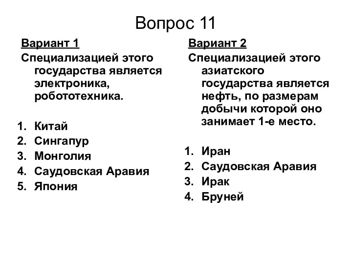 Вопрос 11 Вариант 2 Специализацией этого азиатского государства является нефть,