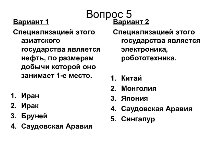 Вопрос 5 Вариант 1 Специализацией этого азиатского государства является нефть,