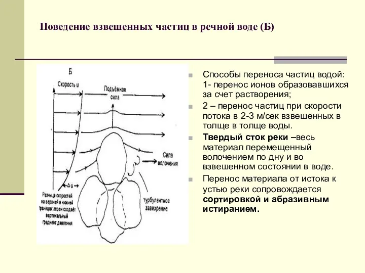 Поведение взвешенных частиц в речной воде (Б) Способы переноса частиц