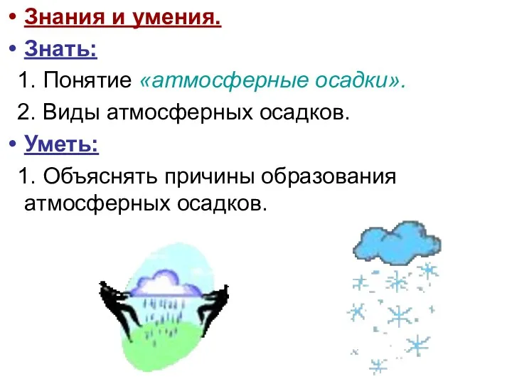 Знания и умения. Знать: 1. Понятие «атмосферные осадки». 2. Виды