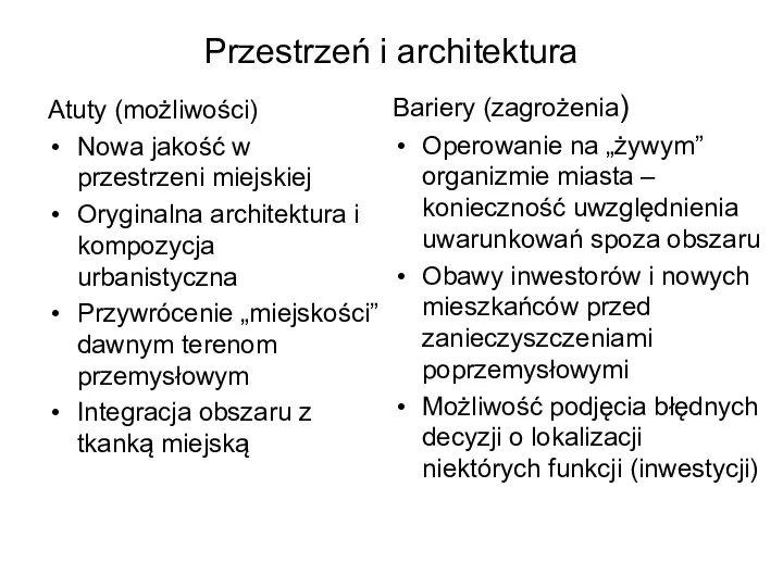 Przestrzeń i architektura Atuty (możliwości) Nowa jakość w przestrzeni miejskiej Oryginalna architektura i