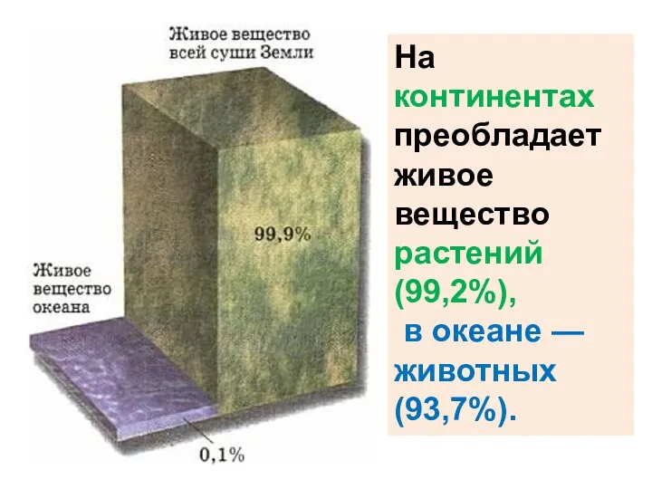 На континентах преобладает живое вещество растений (99,2%), в океане — животных (93,7%).