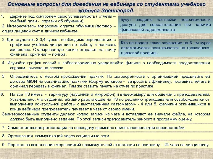 Основные вопросы для доведения на вебинаре со студентами учебного корпуса