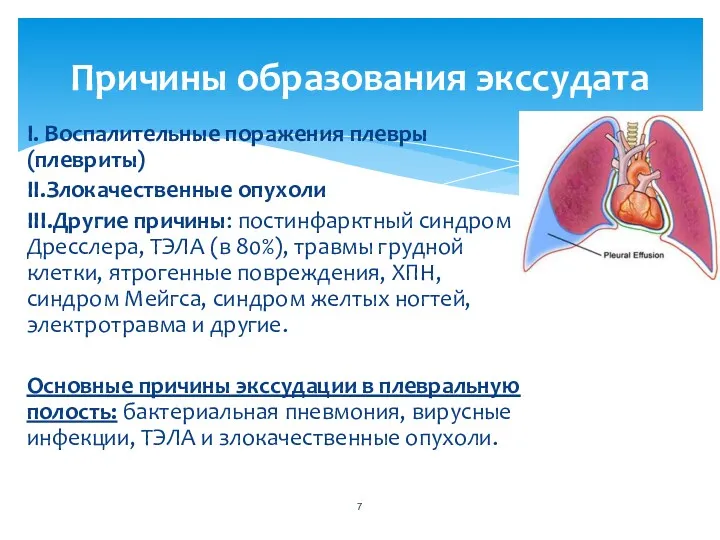 I. Воспалительные поражения плевры (плевриты) II.Злокачественные опухоли III.Другие причины: постинфарктный