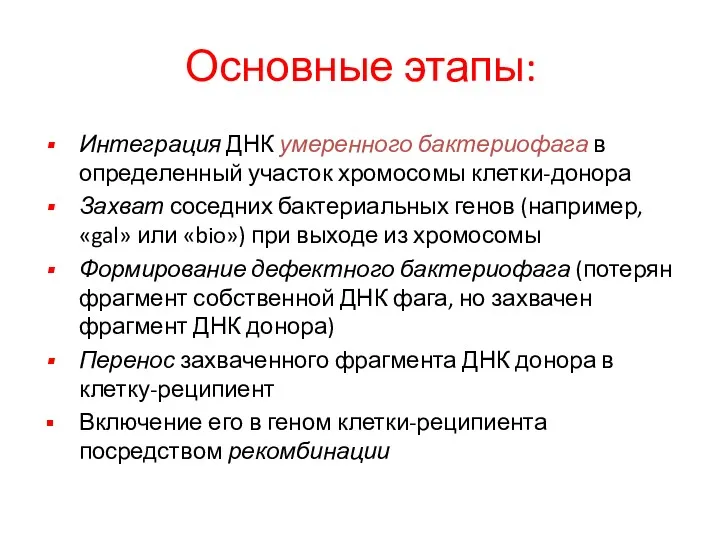 Основные этапы: Интеграция ДНК умеренного бактериофага в определенный участок хромосомы