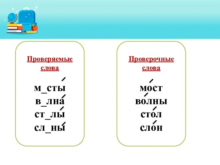 Проверяемые слова м_сты в_лна ст_лы сл_ны Проверочные слова мост волны стол слон