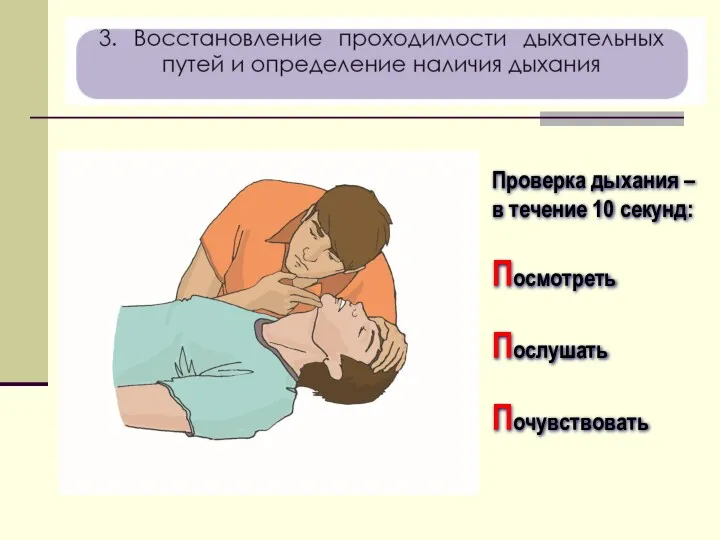 Проверка дыхания – в течение 10 секунд: Посмотреть Послушать Почувствовать