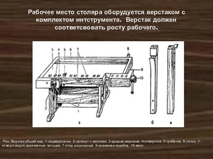 Рабочее место столяра оборудуется верстаком с комплектом интструмента. Верстак должен