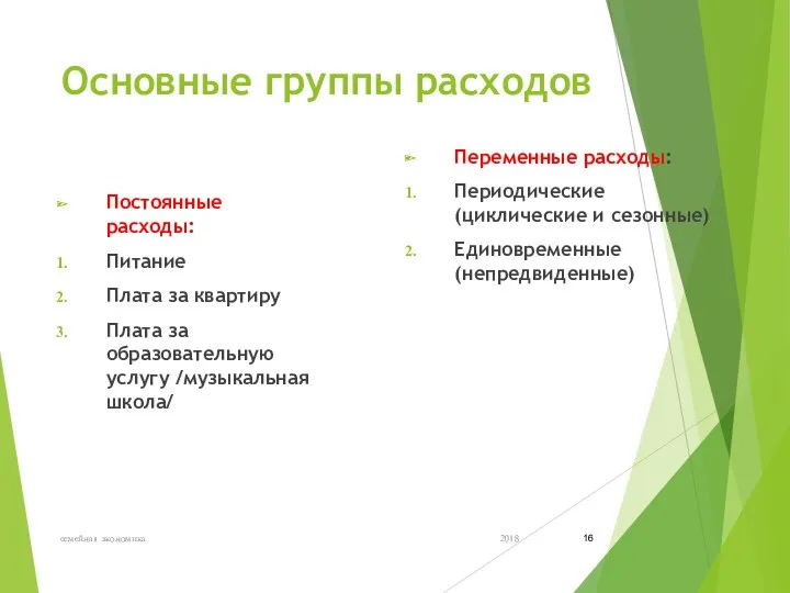 Основные группы расходов Постоянные расходы: Питание Плата за квартиру Плата